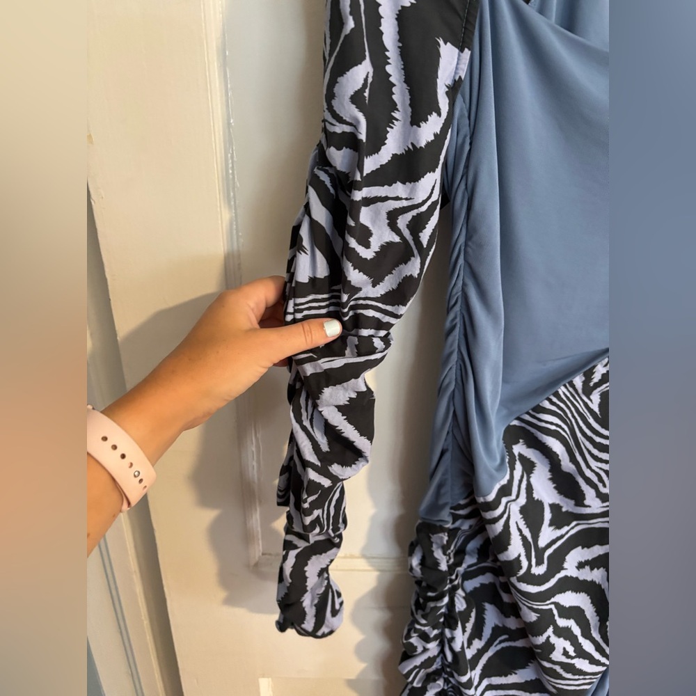 GANNI x AHLUWALIA Ruched Patchwork Cotton Poplin Mesh Midi Dress Size 38 (6) - Picture 7 of 12